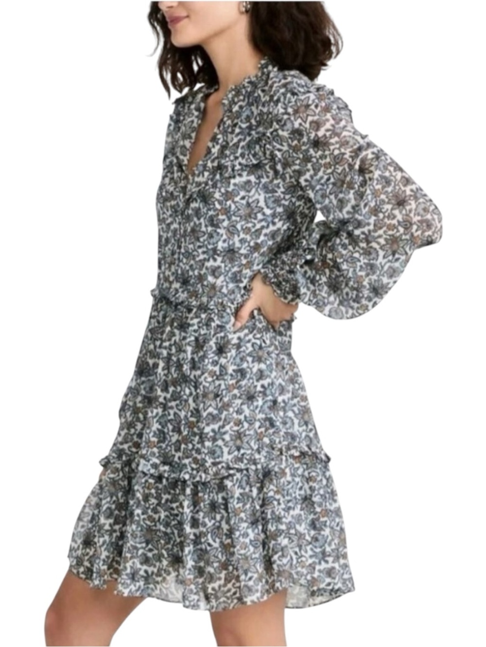 Veronica Beard Savile Boho Floral Silk Dress Ecru Multicolor Ruffle US 4